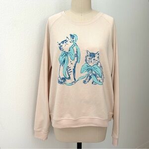 Anthropologie Maeve Cat Sweatshirt NWT Animal Friends Crew Neck Cream & Blue M